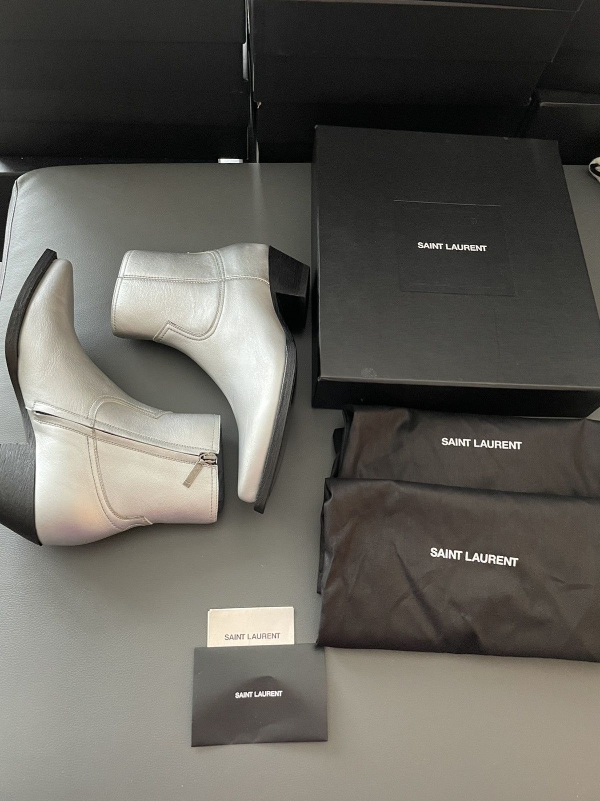 Saint Laurent Paris × Yves Saint Laurent Brand NEW Classic aMetallic Silver Lukas 40 Leather Boots Size US 9.5 / EU 42-43 - 5 Thumbnail
