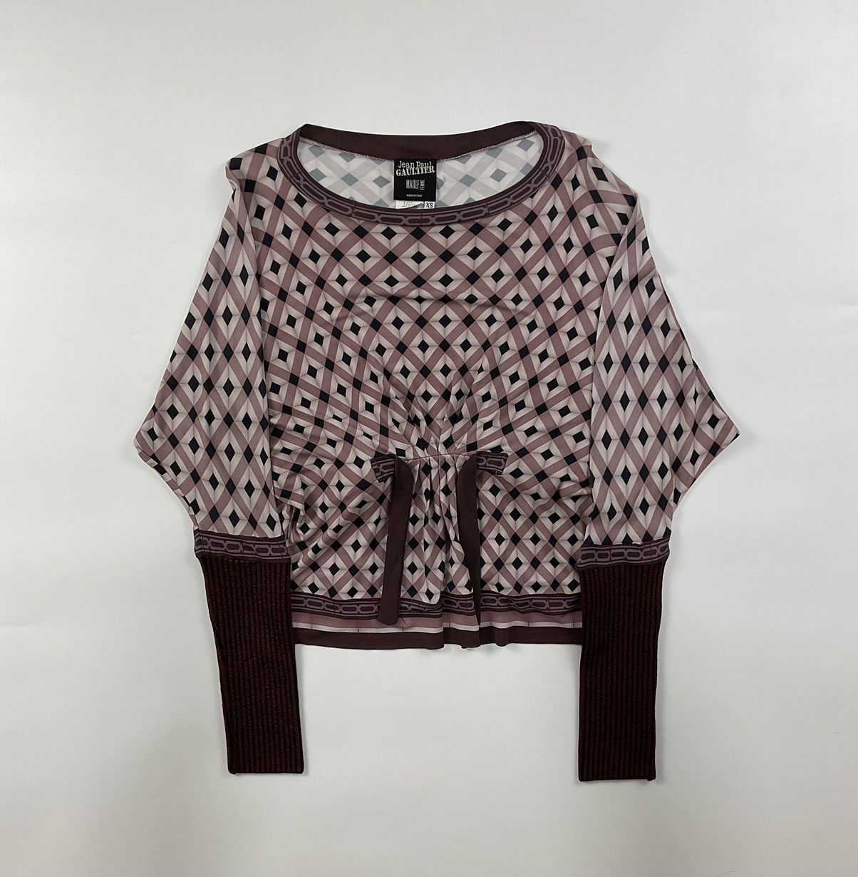 image of Jean Paul Gaultier-Mauve Diamond Print Long Sleeve Mesh Top, Women's (Size XS)