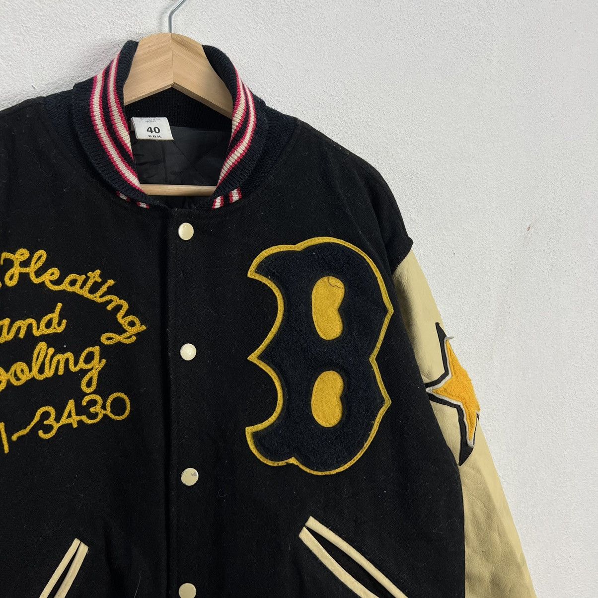 Japanese Brand VINTAGE BOSTON VARSITY JACKET BIG LOGO LEATHER HANDLING Size US L / EU 52-54 / 3 - 7 Thumbnail