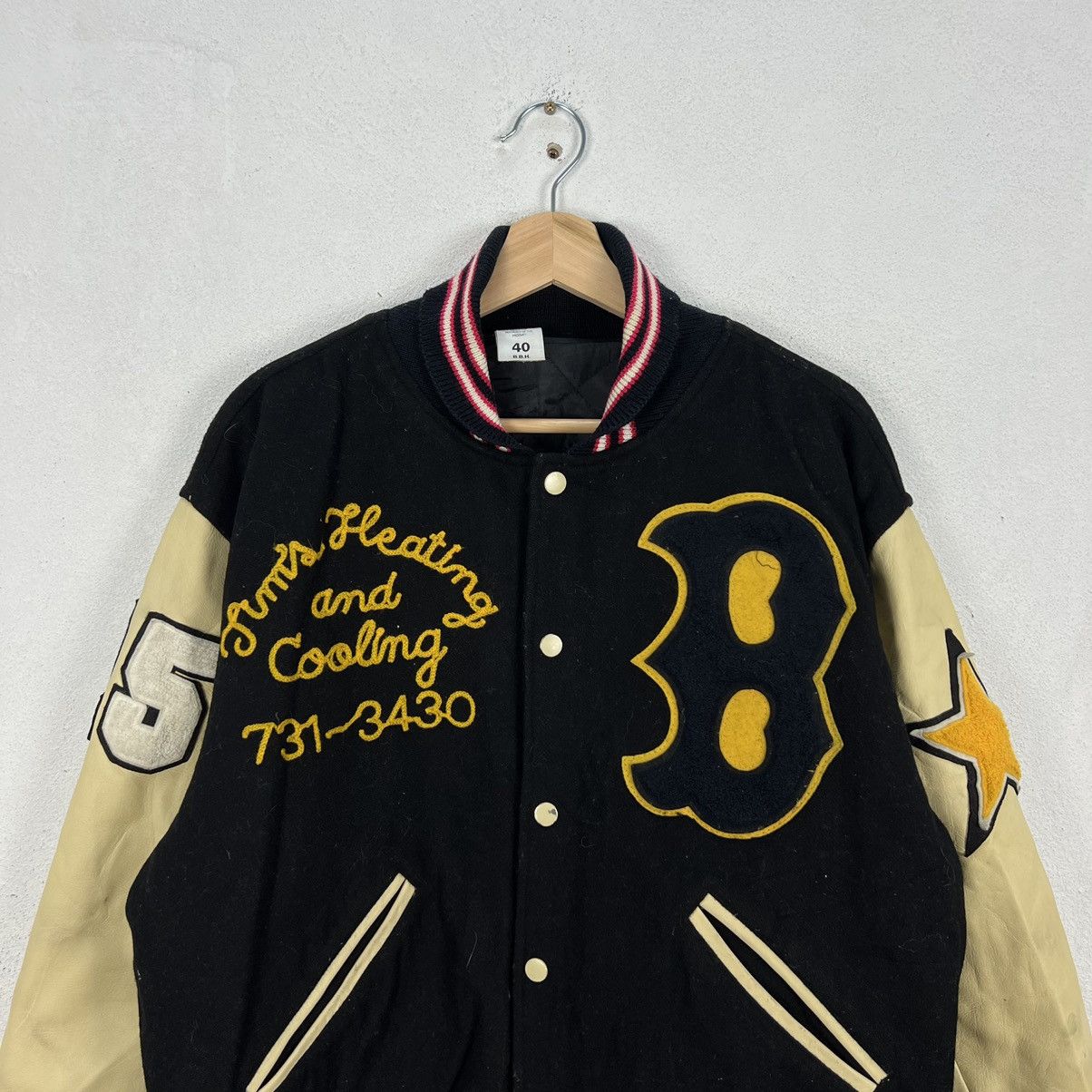 Japanese Brand VINTAGE BOSTON VARSITY JACKET BIG LOGO LEATHER HANDLING Size US L / EU 52-54 / 3 - 4 Thumbnail