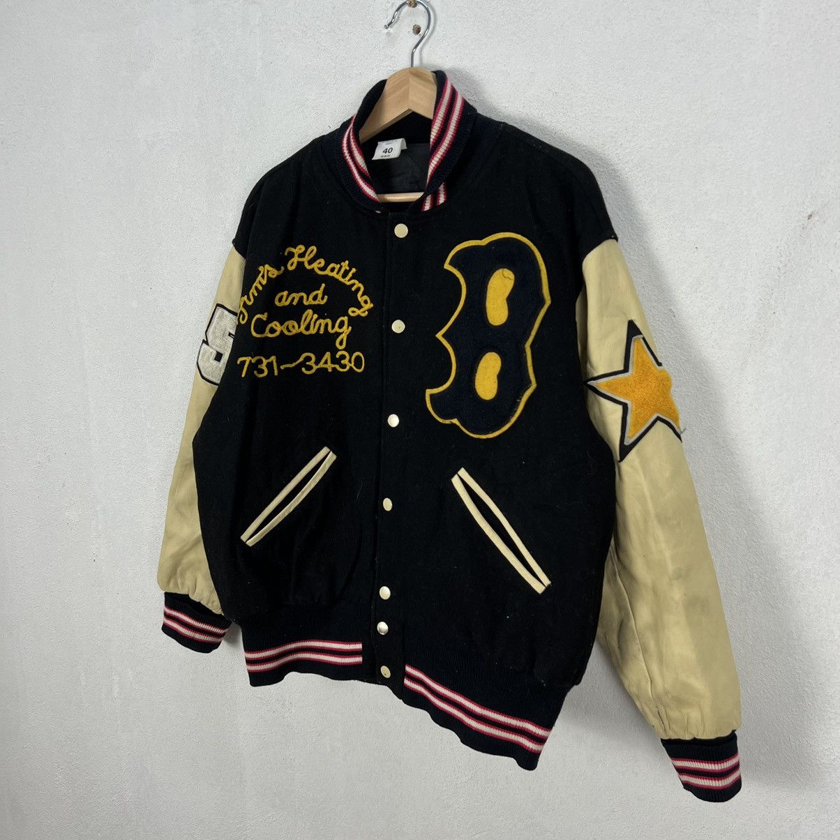 Japanese Brand VINTAGE BOSTON VARSITY JACKET BIG LOGO LEATHER HANDLING Size US L / EU 52-54 / 3 - 3 Thumbnail