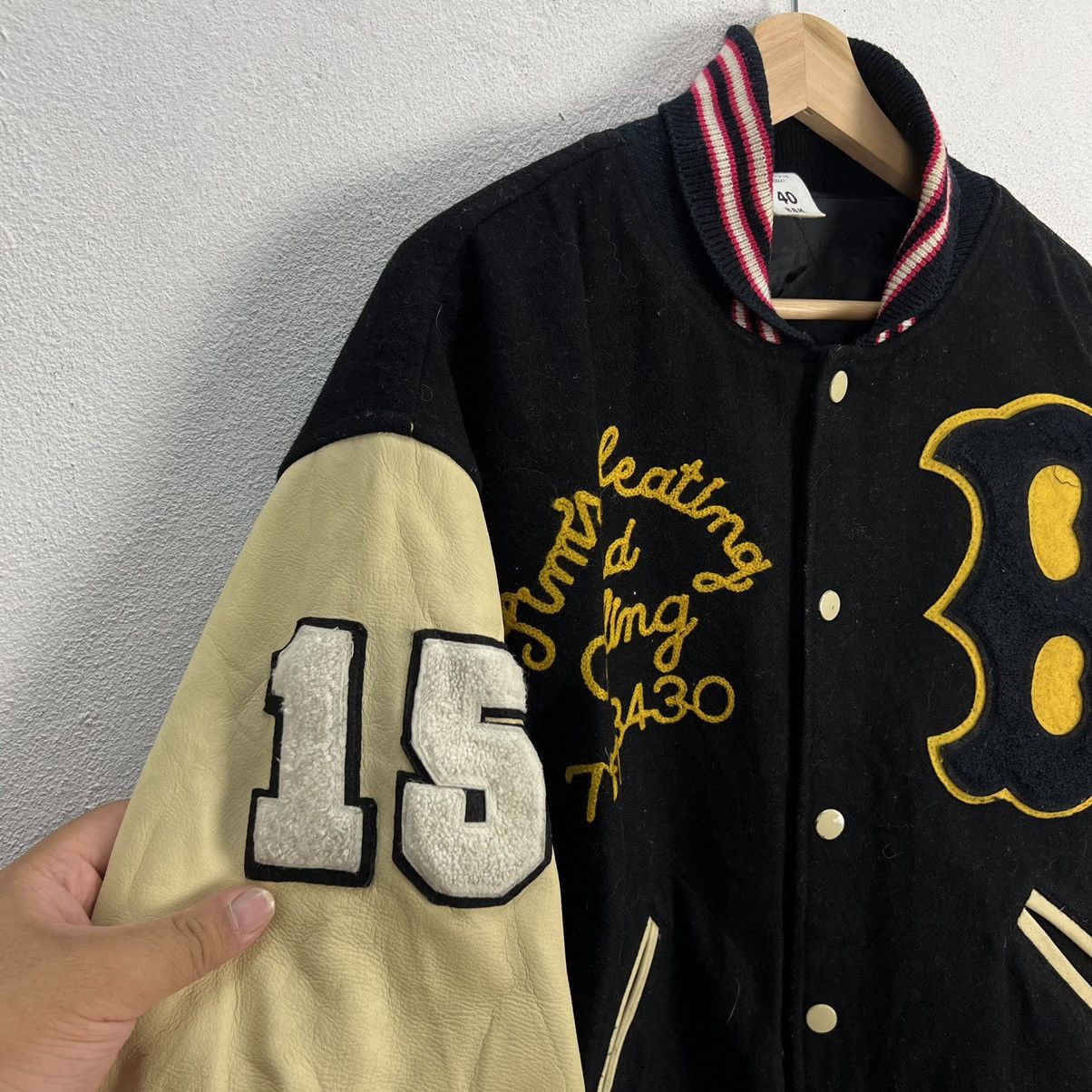 Japanese Brand VINTAGE BOSTON VARSITY JACKET BIG LOGO LEATHER HANDLING Size US L / EU 52-54 / 3 - 8 Thumbnail