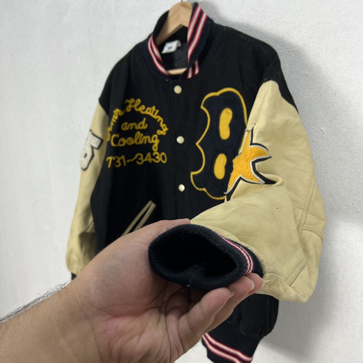Japanese Brand VINTAGE BOSTON VARSITY JACKET BIG LOGO LEATHER HANDLING Size US L / EU 52-54 / 3 - 10 Thumbnail