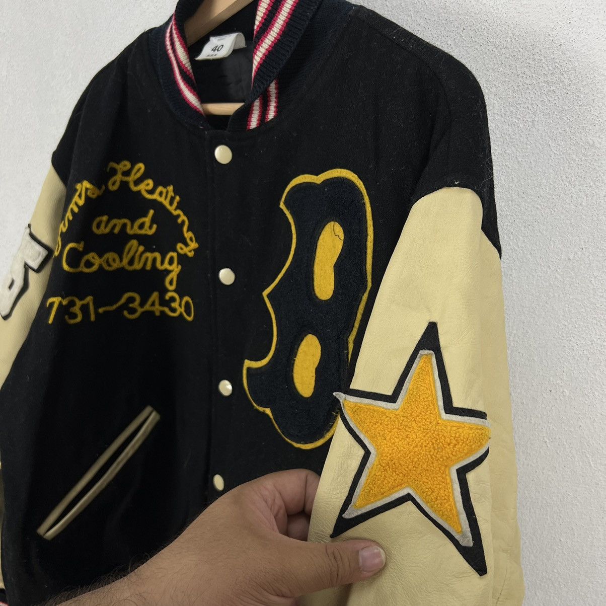 Japanese Brand VINTAGE BOSTON VARSITY JACKET BIG LOGO LEATHER HANDLING Size US L / EU 52-54 / 3 - 9 Thumbnail