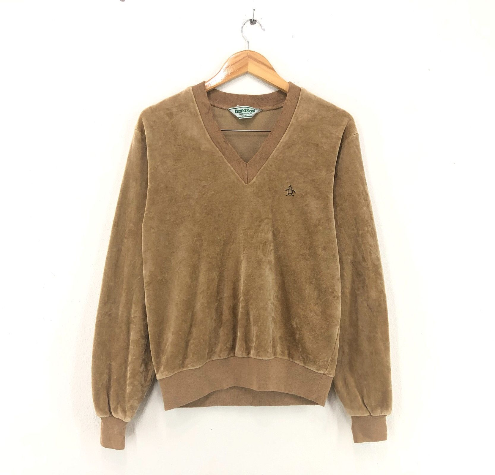 image of V-Neck Velvet Fleece Sweter Grand Slam in Brown, Men's (Size Small)