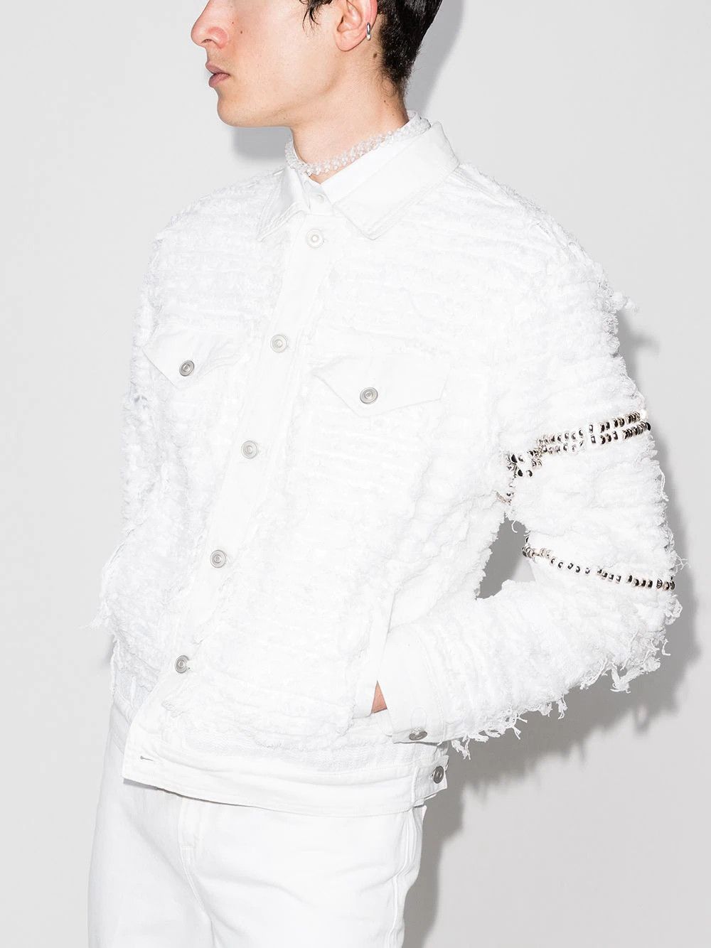 1017 ALYX 9SM × Blackmeans White Shredded Studded Denim Jacket Size US XS / EU 42 / 0 - 2 Thumbnail