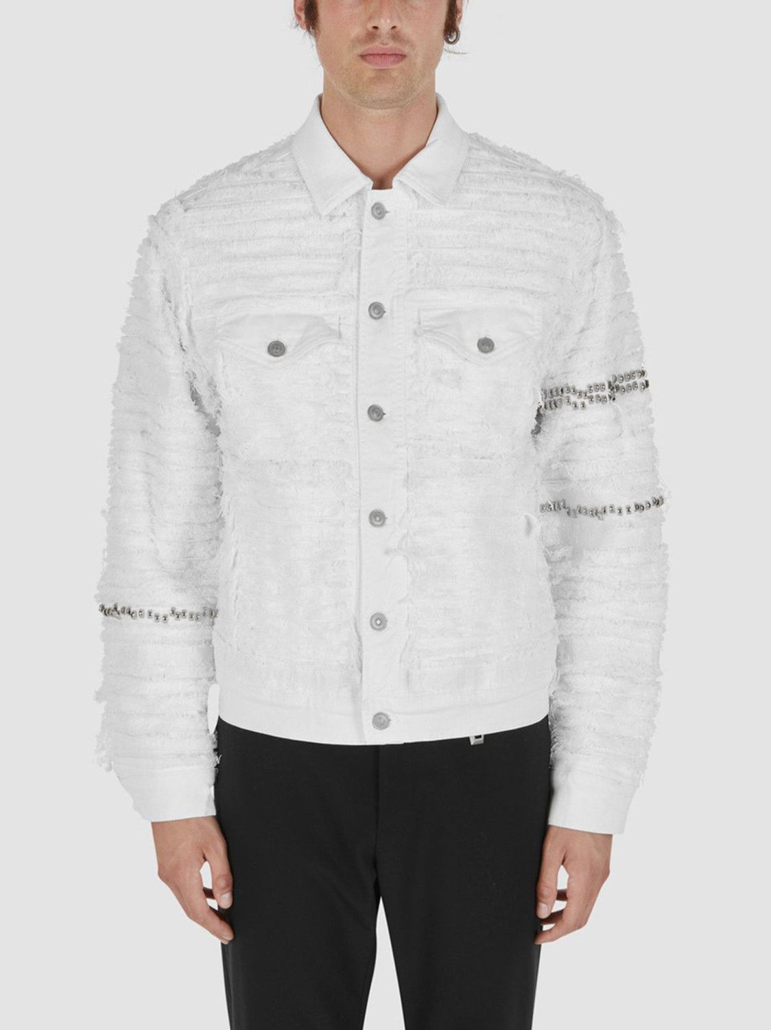 1017 ALYX 9SM × Blackmeans White Shredded Studded Denim Jacket Size US XS / EU 42 / 0 - 5 Thumbnail