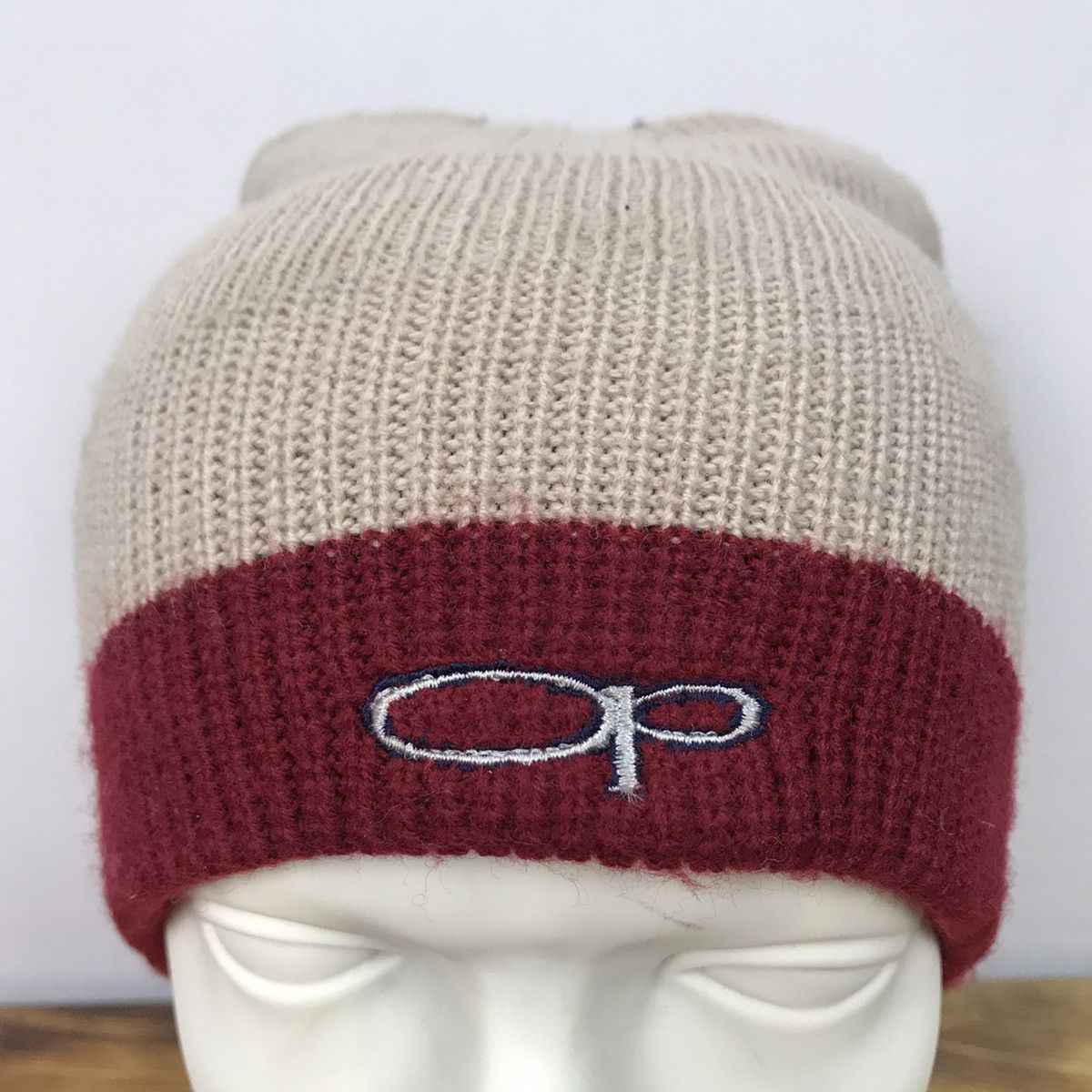 Ocean Pacific OCEAN PACIFIC OP Big Logo Beige and Maroon Beanie Hat ...