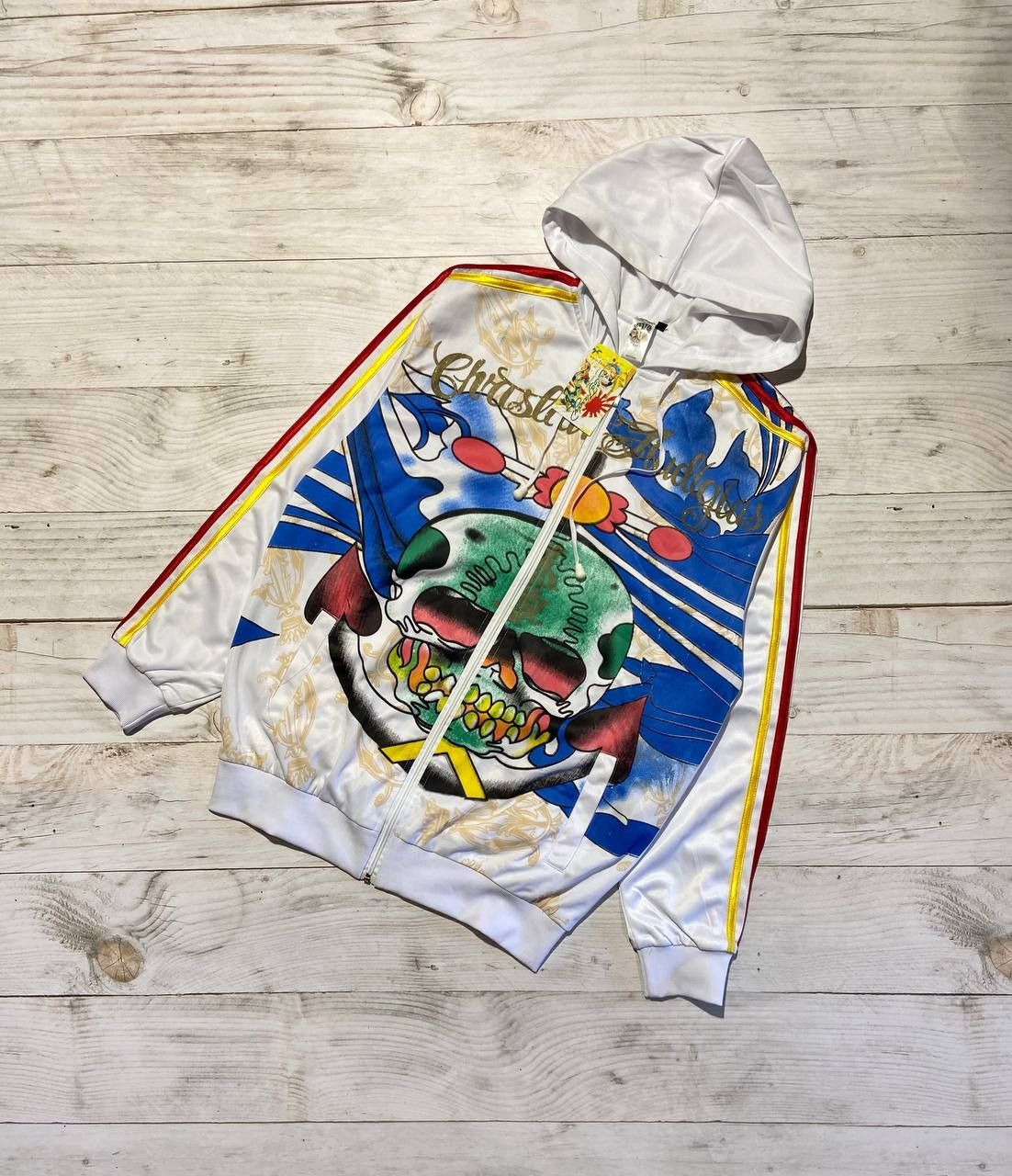 image of Vintage Christian Audigier Track Jacket Hoded Japanase Y2K in White, Men's (Size Large)