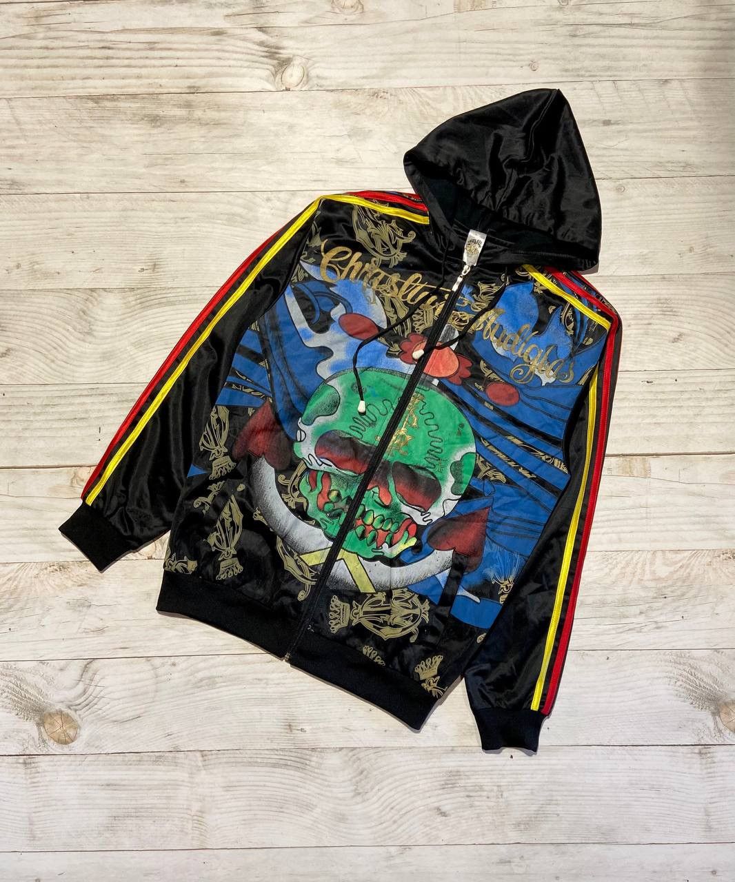 image of Vintage Christian Audigier Track Jacket Hoded Japanase Y2K in Black, Men's (Size Large)