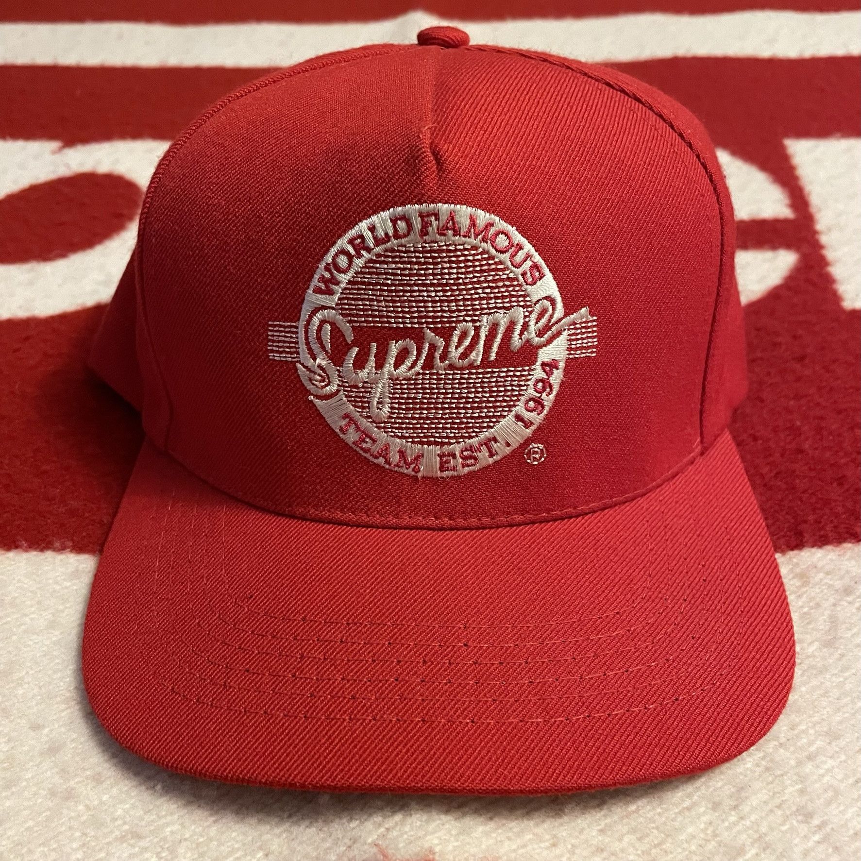 image of Supreme College Circle Logo 5 Panel Cap Hat Snapback Fw2008 in Red, Men's
