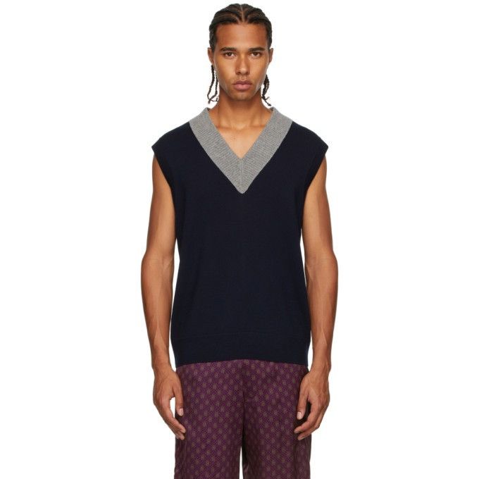 Dries Van Noten Like New, Navy & Grey Merino Wool Vest Size US XL / EU 56 / 4 - 2 Thumbnail