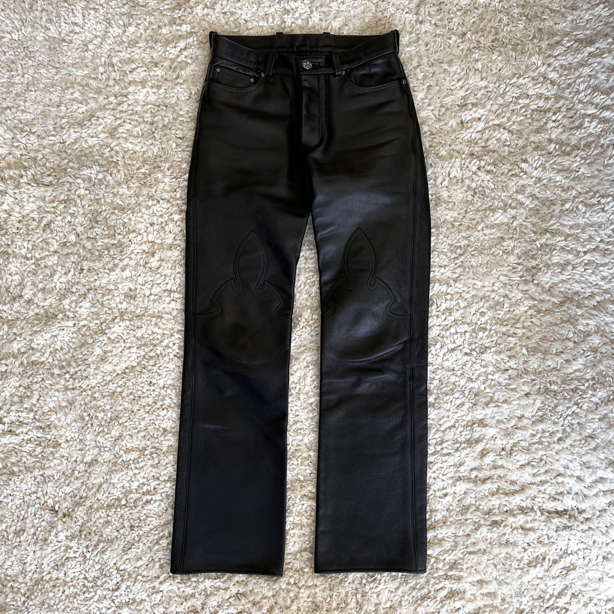 image of Chrome Hearts Leather Fleur Pants in Black, Men's (Size 27)