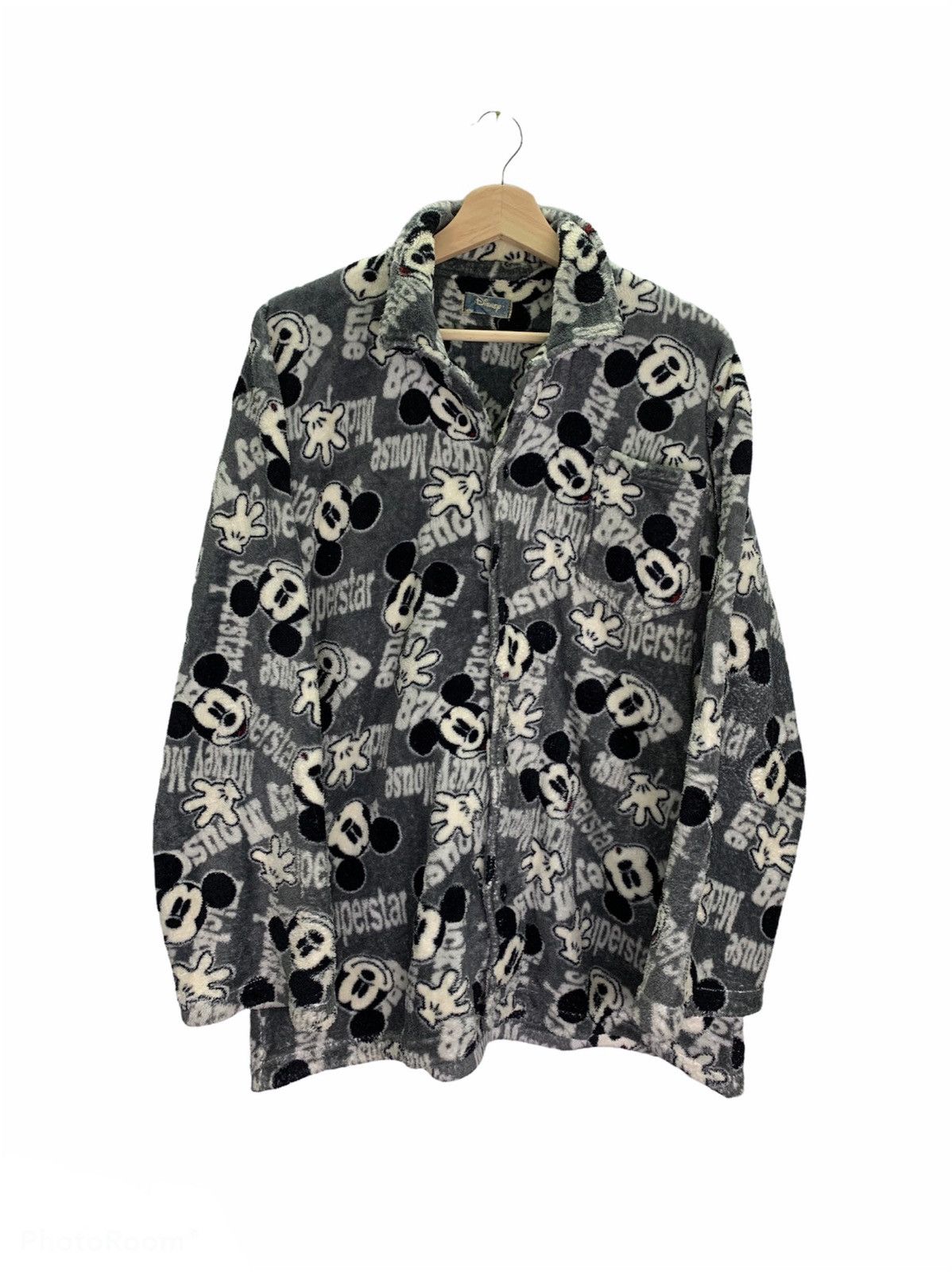 image of Vintage Disney Mickey Mouse Fullprint Fleece Button Jacket in Grey, Men's (Size Large)