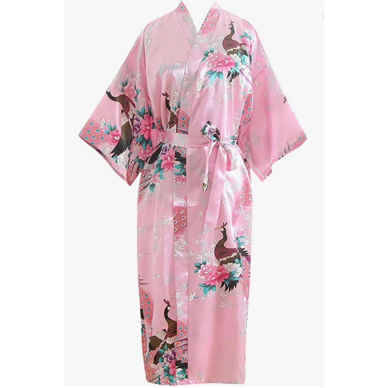 Babeyond Pink Peacock Print Kimono Satin Bath/Night Robe M/L