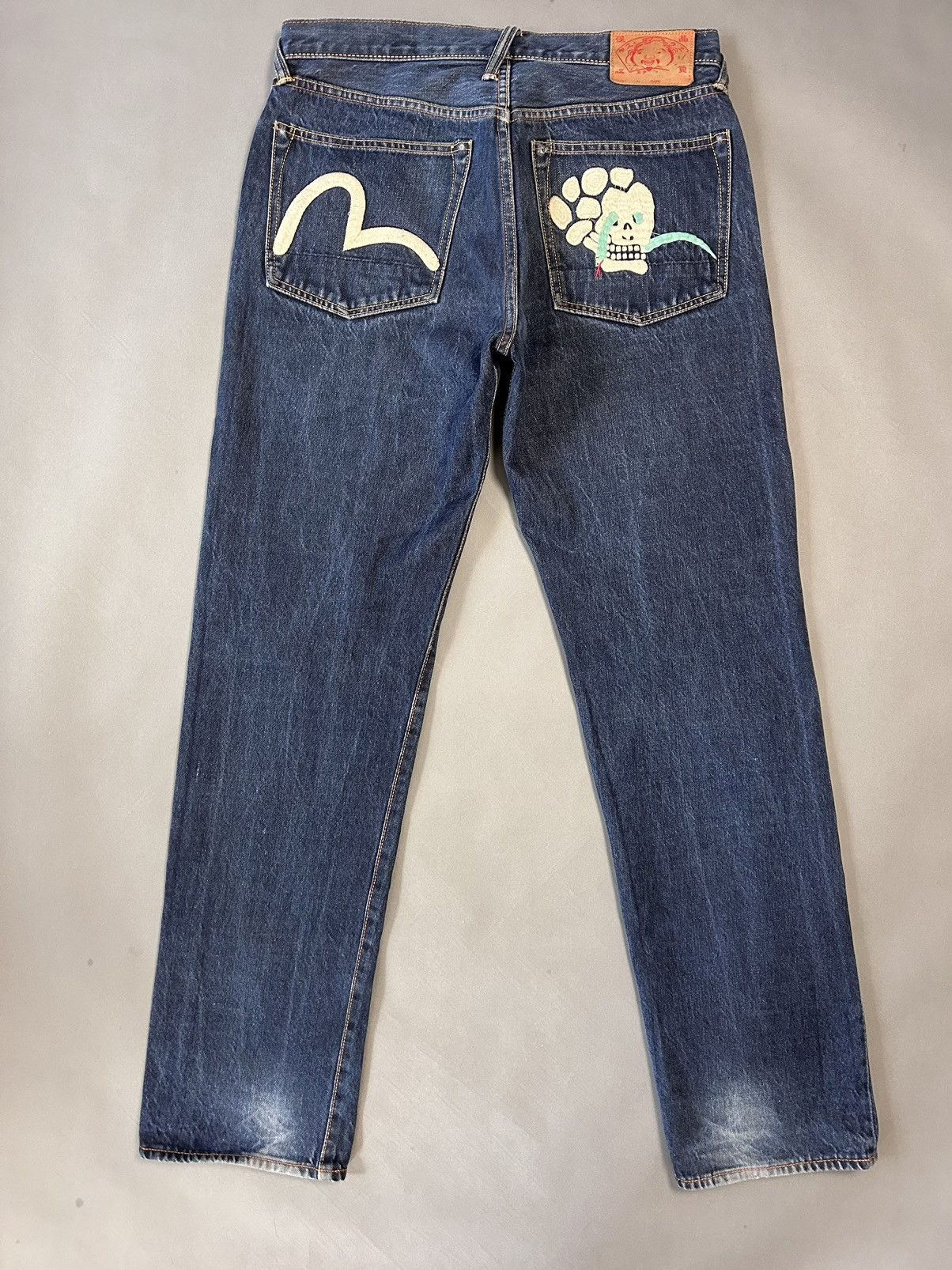 Evisu jeans denim navy white seagulls skull snake logo