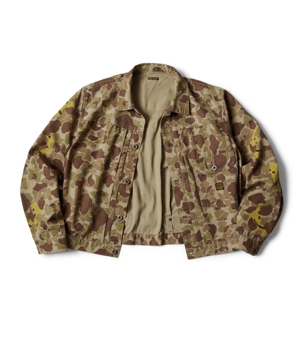 image of Kapital Herringbone Happy Peek-A-Boo Camouflage 1St Jacket in Beige Khaki, Men's (Size Large)