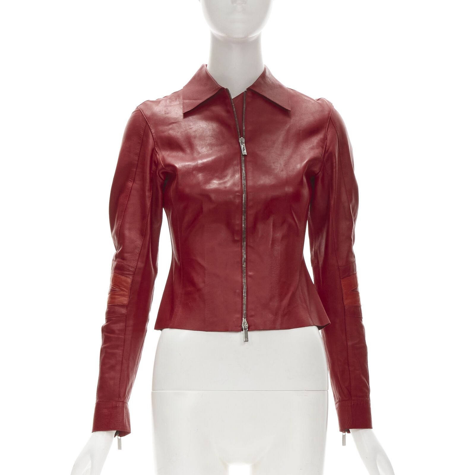 image of Gucci Tom Ford Vintage Y2K Red Minimalist Moto Sleeves Leather Jacket It38 Xs, Women's