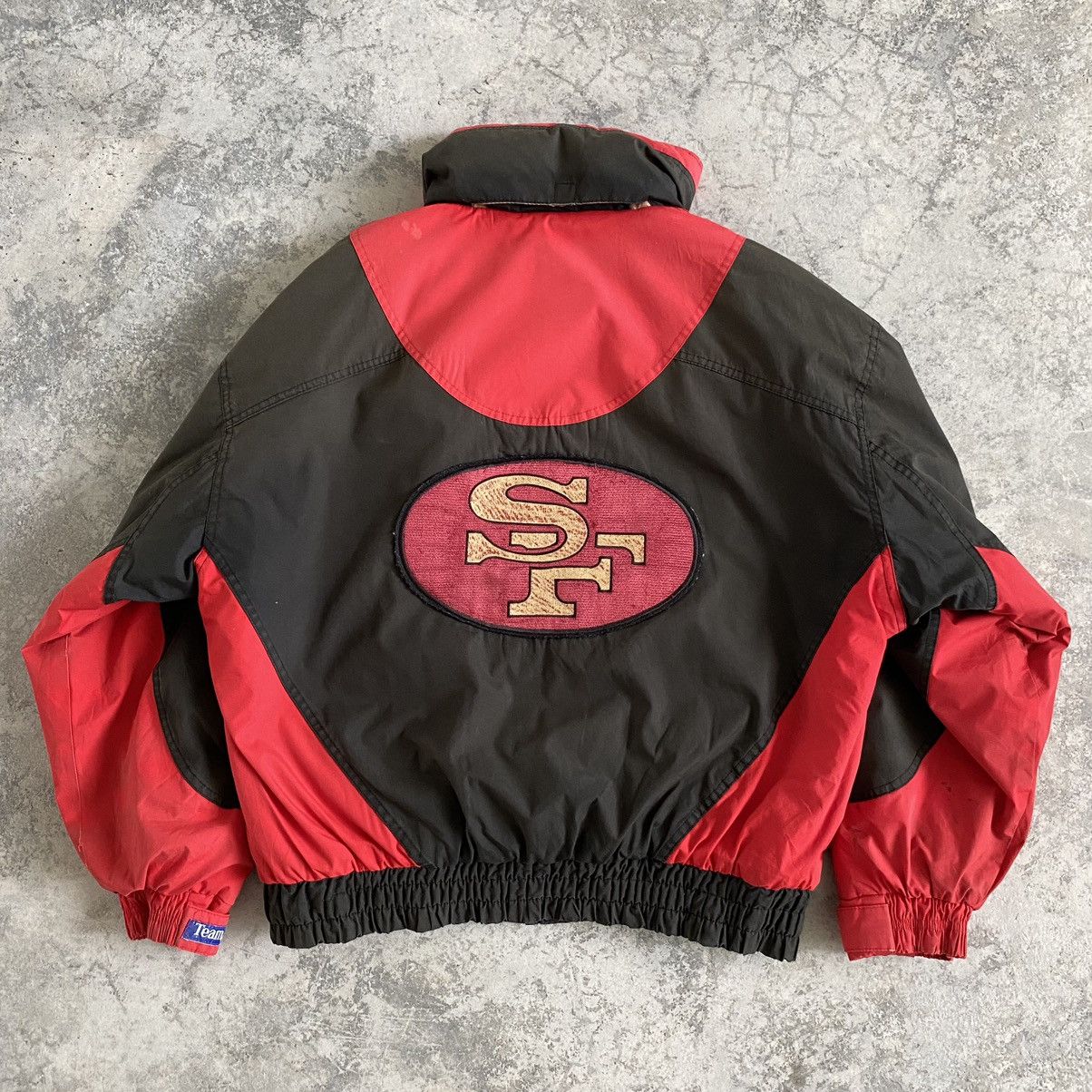 image of Nfl x San Francisco 49Ers Vintage 90's Sf 49Ers Faded Distressed Bomber Jacket, Men's (Size XL)