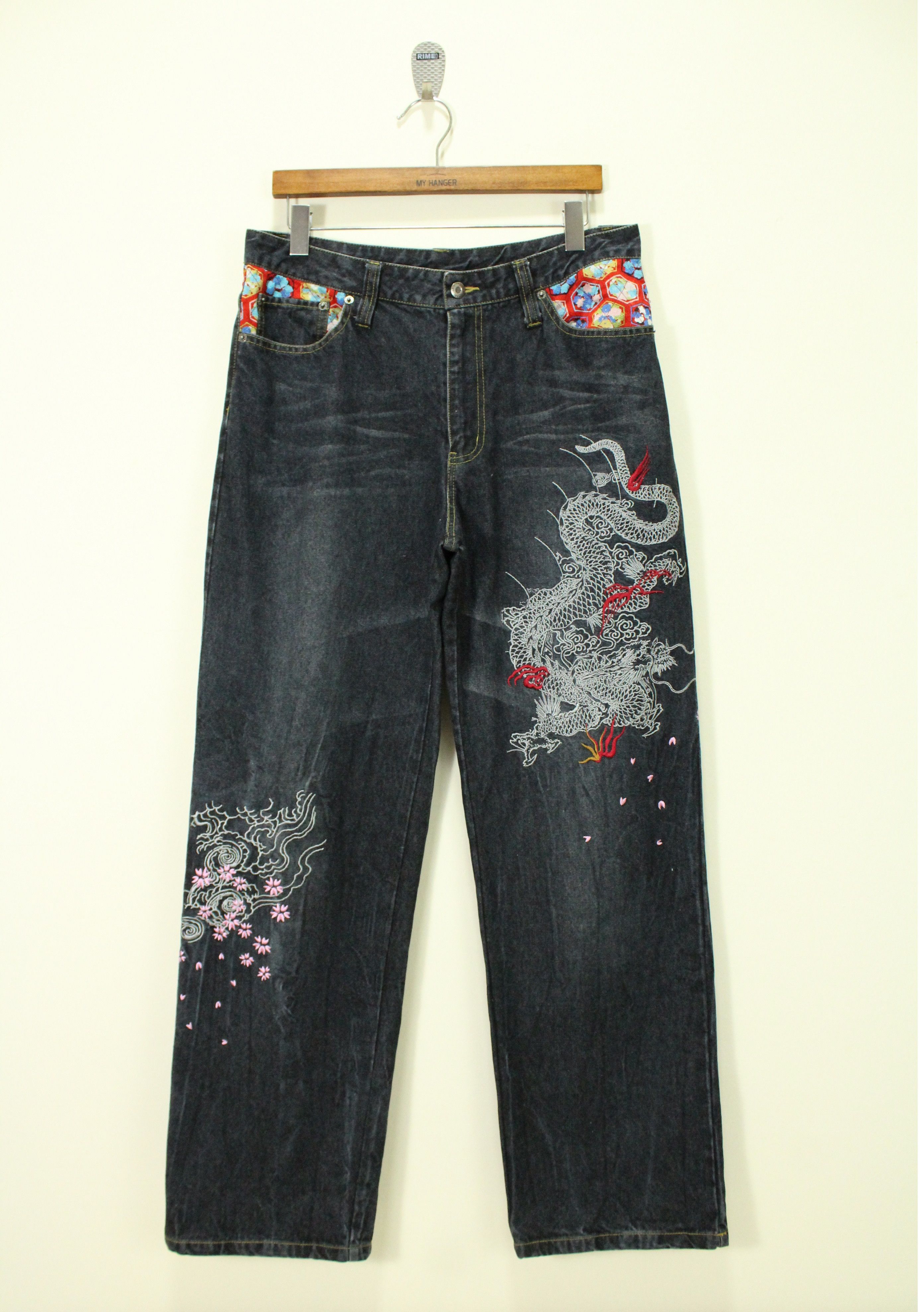 Pre-owned Ed Hardy X Jnco Vomanie Embroidered Dragon Blossom Flower Denim Vintage In Black