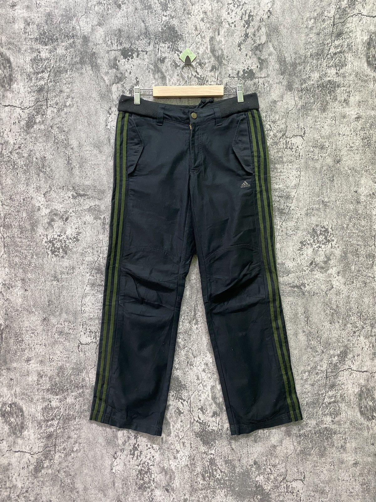 Image of Adidas 3 Stripe Green Embroidered Logo Pants in Black, Men's (Size 30)