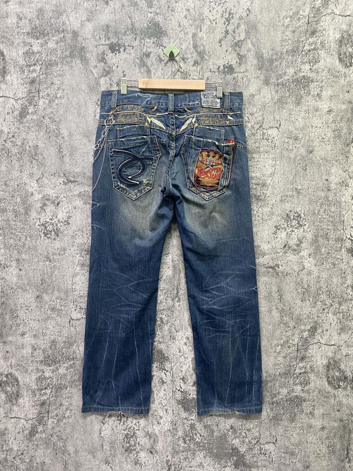 image of Distressed Denim Redpepper Embroidered Back Design Denim in Blue, Men's (Size 34)