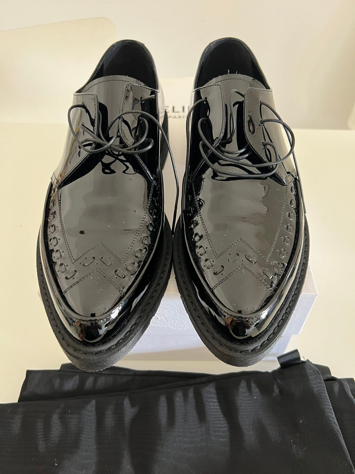 Pre-owned Celine X Hedi Slimane Celine Fw19 Patent Calfskin Braided Derby Creepers Shoes In Black