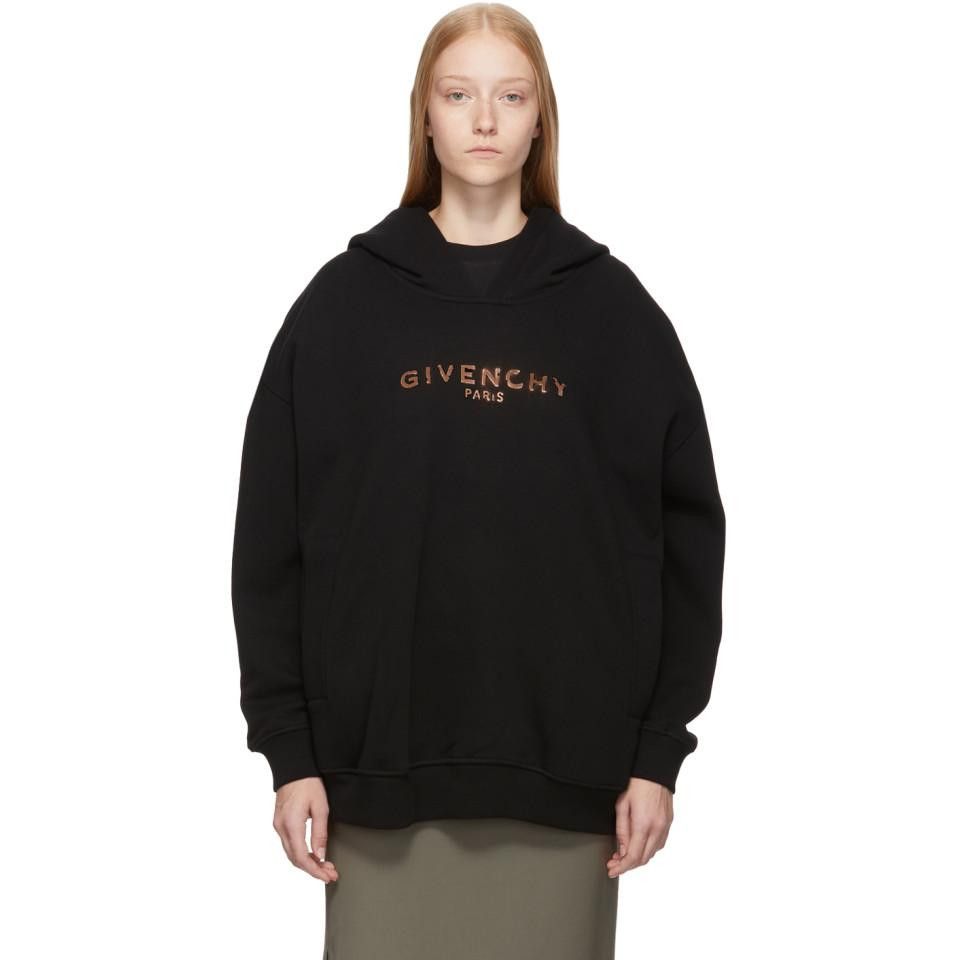 image of Givenchy Rose Gold Metallic Logo Oversized Hoodie in Black, Women's (Size XS)