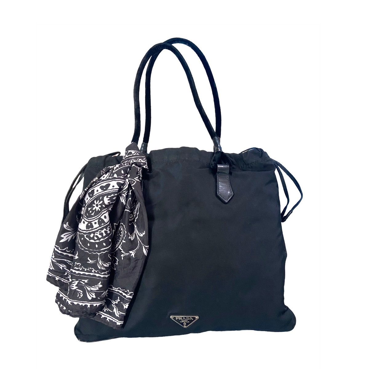 image of Prada Triangle Logo Drawstring Tote Bag in Black, Women's