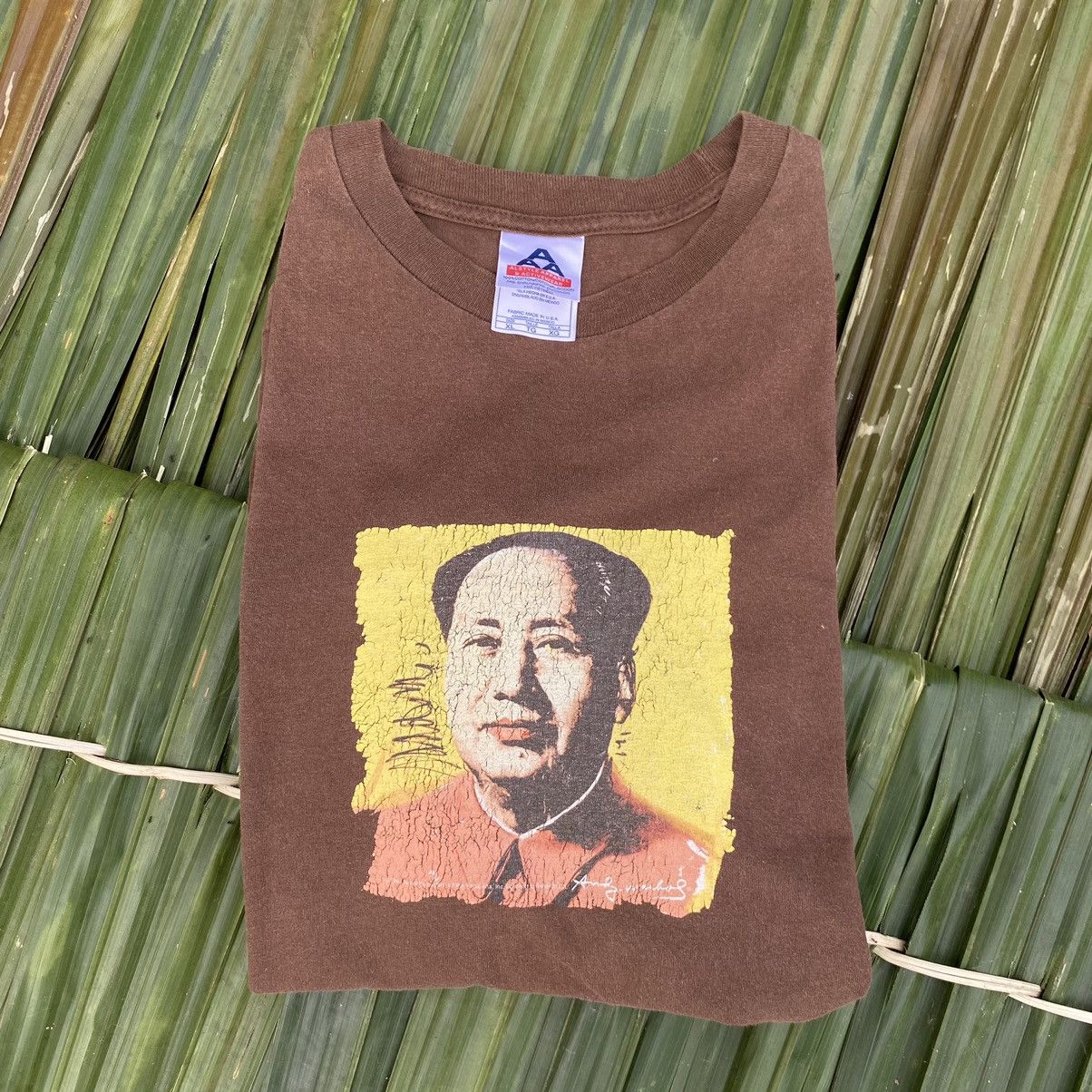 image of Thrashed Faded Vintage Y2K Moa Zedong X Andy Warhol Art Tee in Brown, Men's (Size XL)