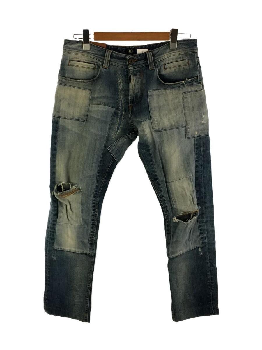 image of Dolce Gabbana Distressed Patchwork Rebuild Denim Jeans in Indigo, Men's (Size 33)