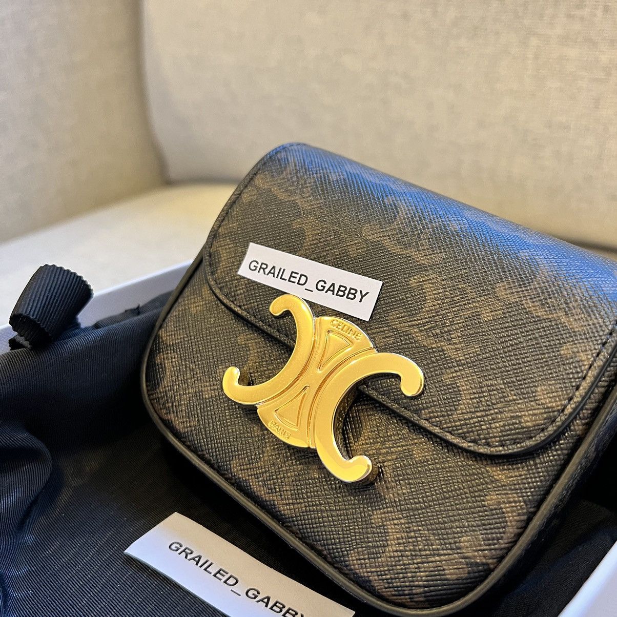 Celine × Hedi Slimane CELINE MINI TRIOMPHE BAG IN TRIOMPHE CANVAS AND CALFSKIN TAN Size ONE SIZE - 2 Thumbnail