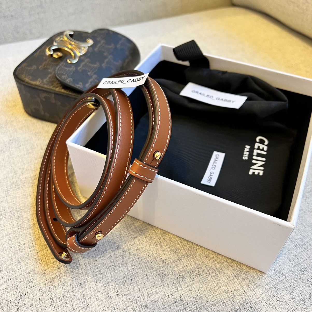 Celine × Hedi Slimane CELINE MINI TRIOMPHE BAG IN TRIOMPHE CANVAS AND CALFSKIN TAN Size ONE SIZE - 6 Thumbnail