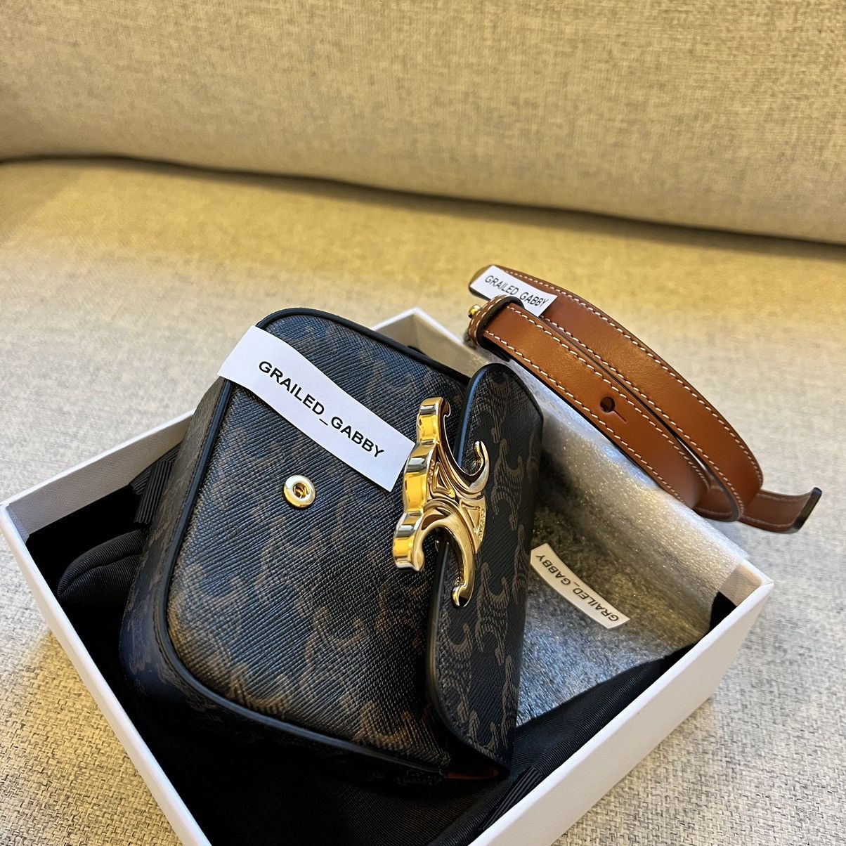 Celine × Hedi Slimane CELINE MINI TRIOMPHE BAG IN TRIOMPHE CANVAS AND CALFSKIN TAN Size ONE SIZE - 4 Thumbnail