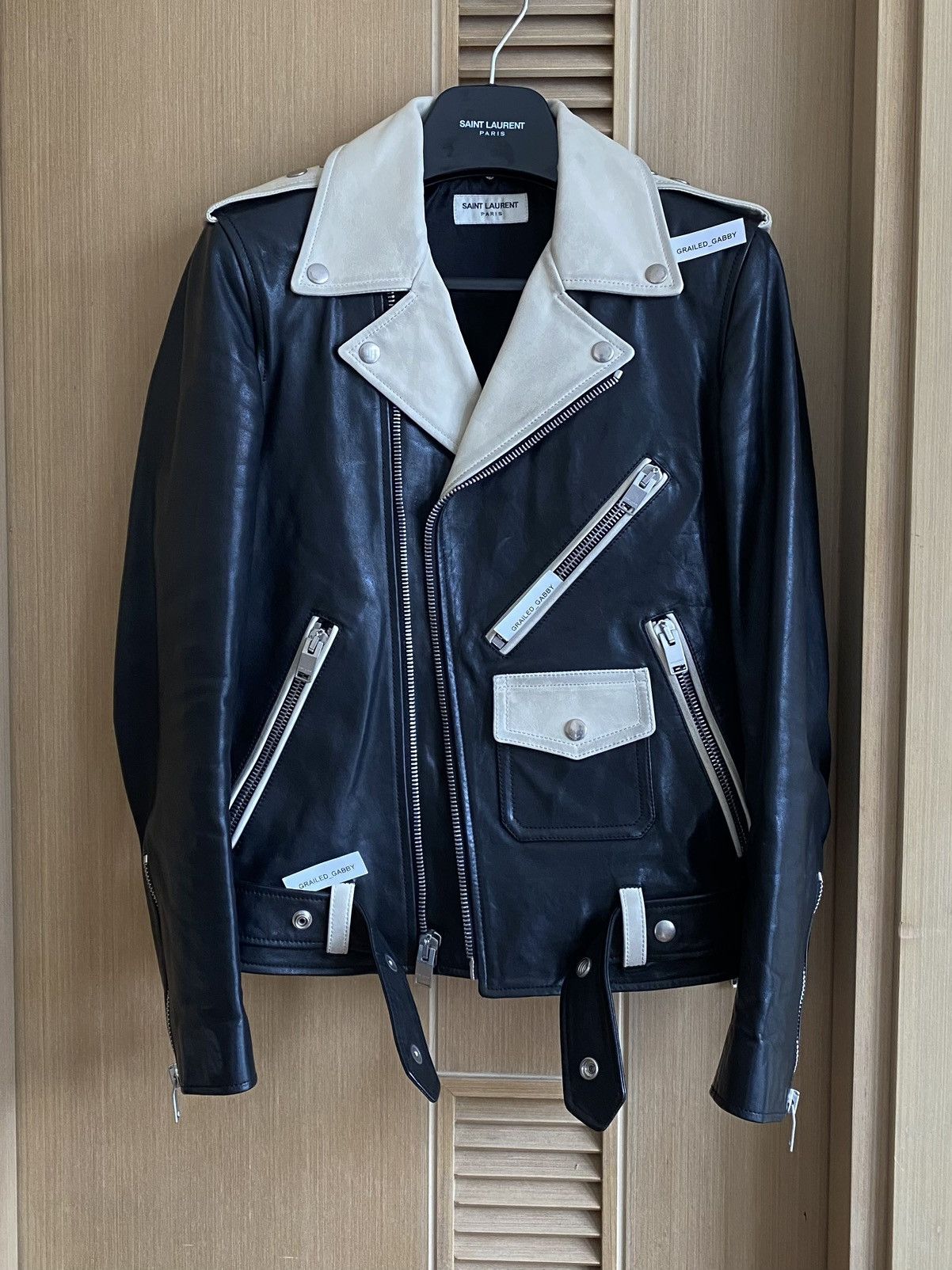 Hedi Slimane × Saint Laurent Paris FW14 Mens Black Bi-colour Leather Biker Jacket Size US S / EU 44-46 / 1 - 2 Thumbnail