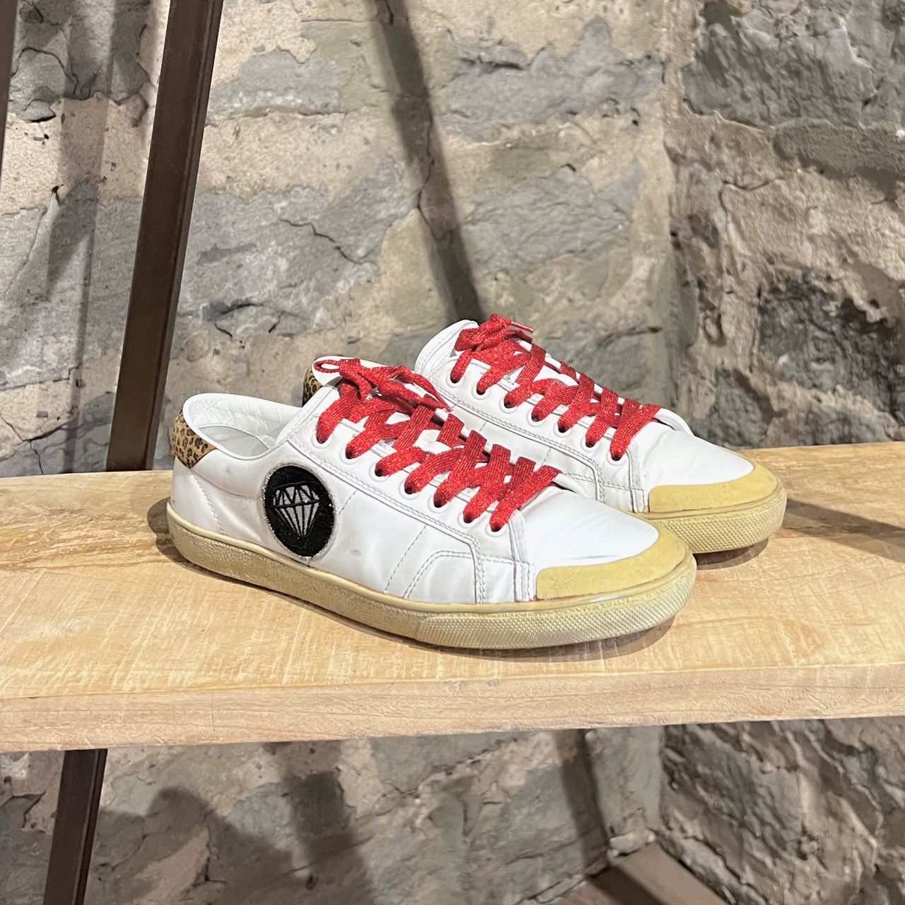 Saint Laurent Paris Saint Laurent White Diamond Patch Distressed Court Sneakers Size US 8 / EU 41 - 1 Thumbnail