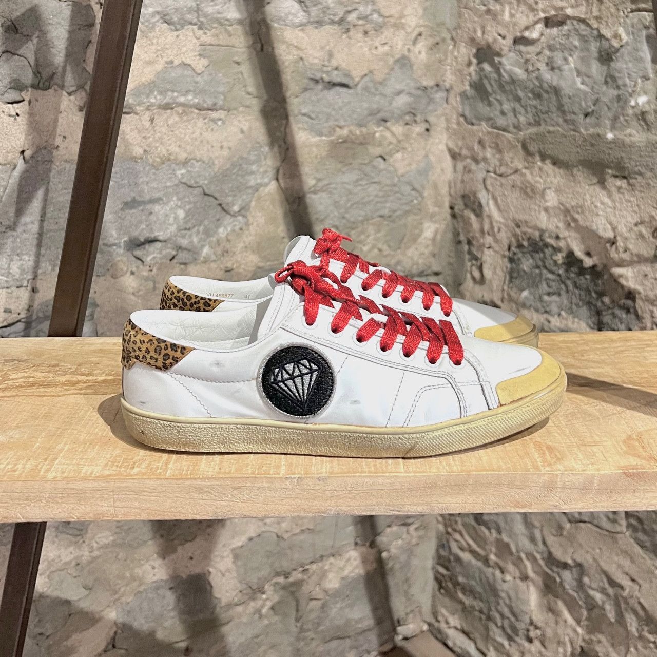 Saint Laurent Paris Saint Laurent White Diamond Patch Distressed Court Sneakers Size US 8 / EU 41 - 2 Thumbnail