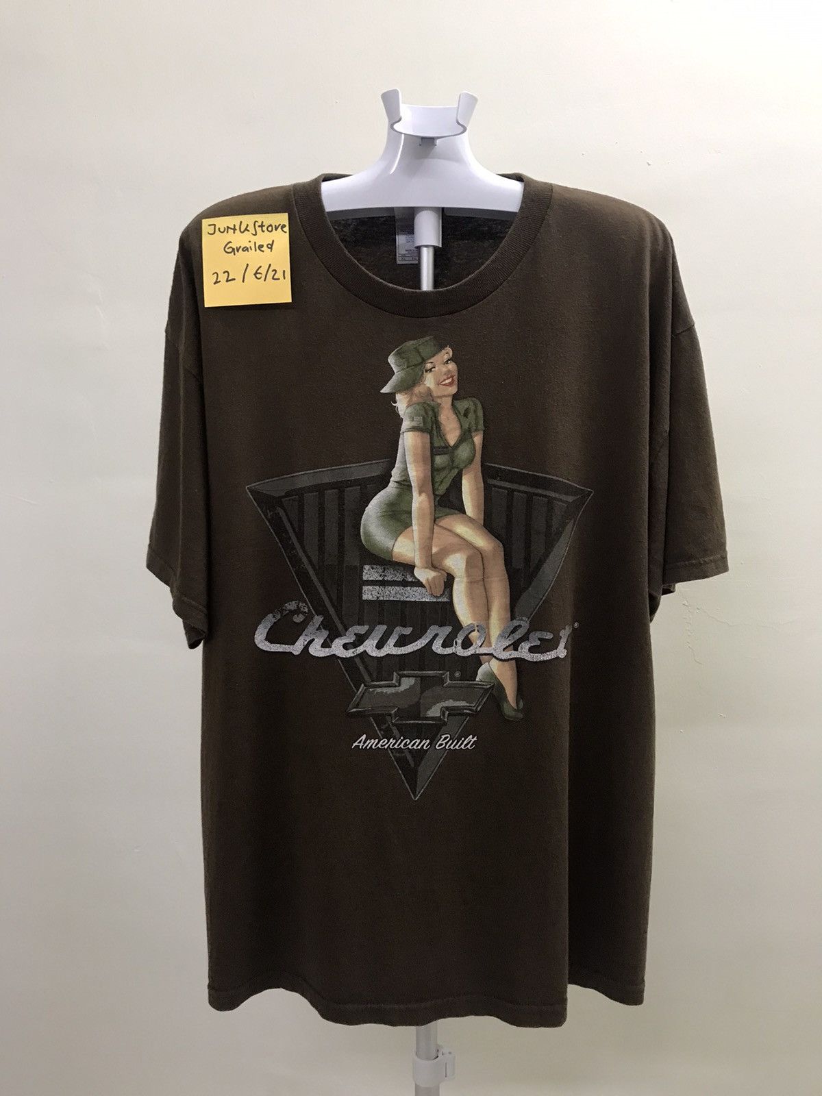 image of Chevy x Racing Vintage Chevrolet Racing Tee Military Girl Printed in Dark Brown, Men's (Size XL)