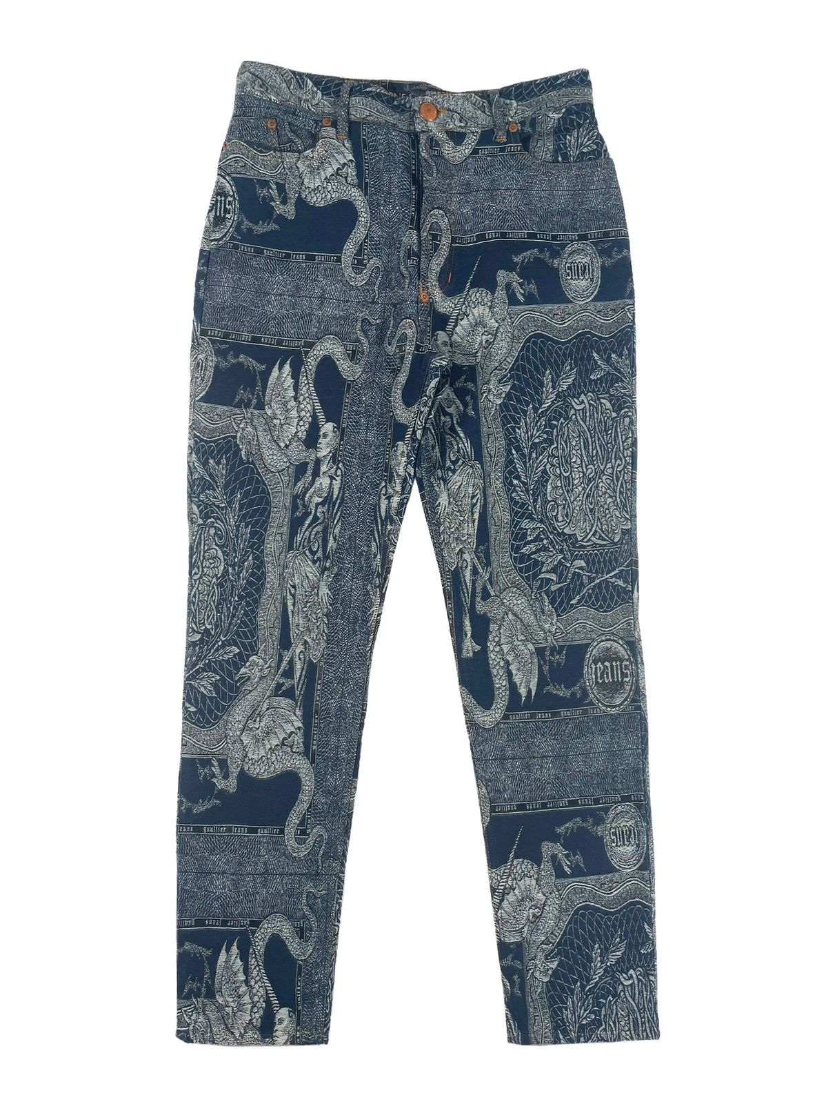 Pre-owned Jean Paul Gaultier Fw94 Dragon Slayer Jacquard Tattoo Denim Pant Jeans Archive In Blue