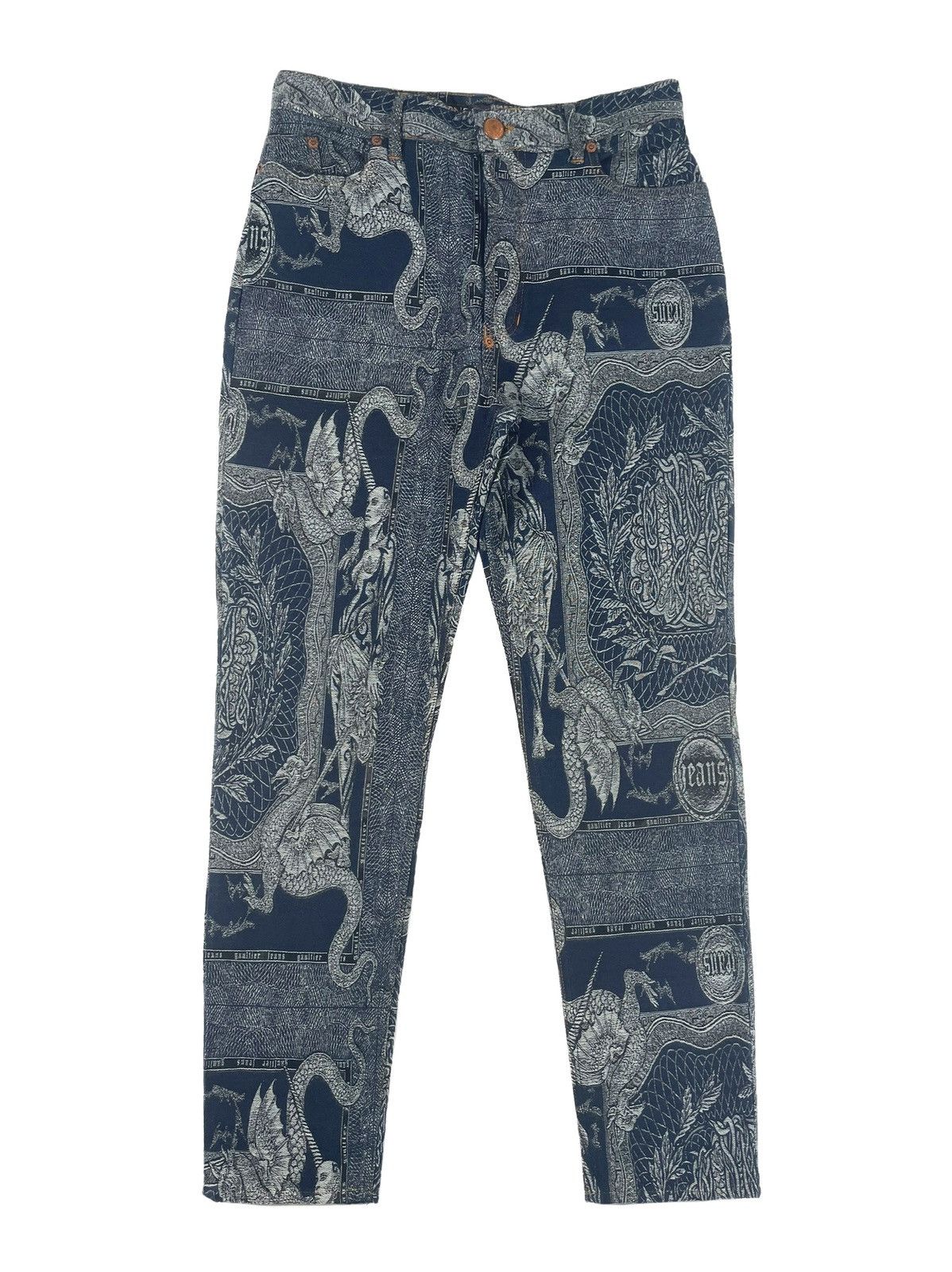 image of Jean Paul Gaultier Fw94 Dragon Slayer Jacquard Tattoo Denim Pant Jeans Archive in Blue (Size 30)