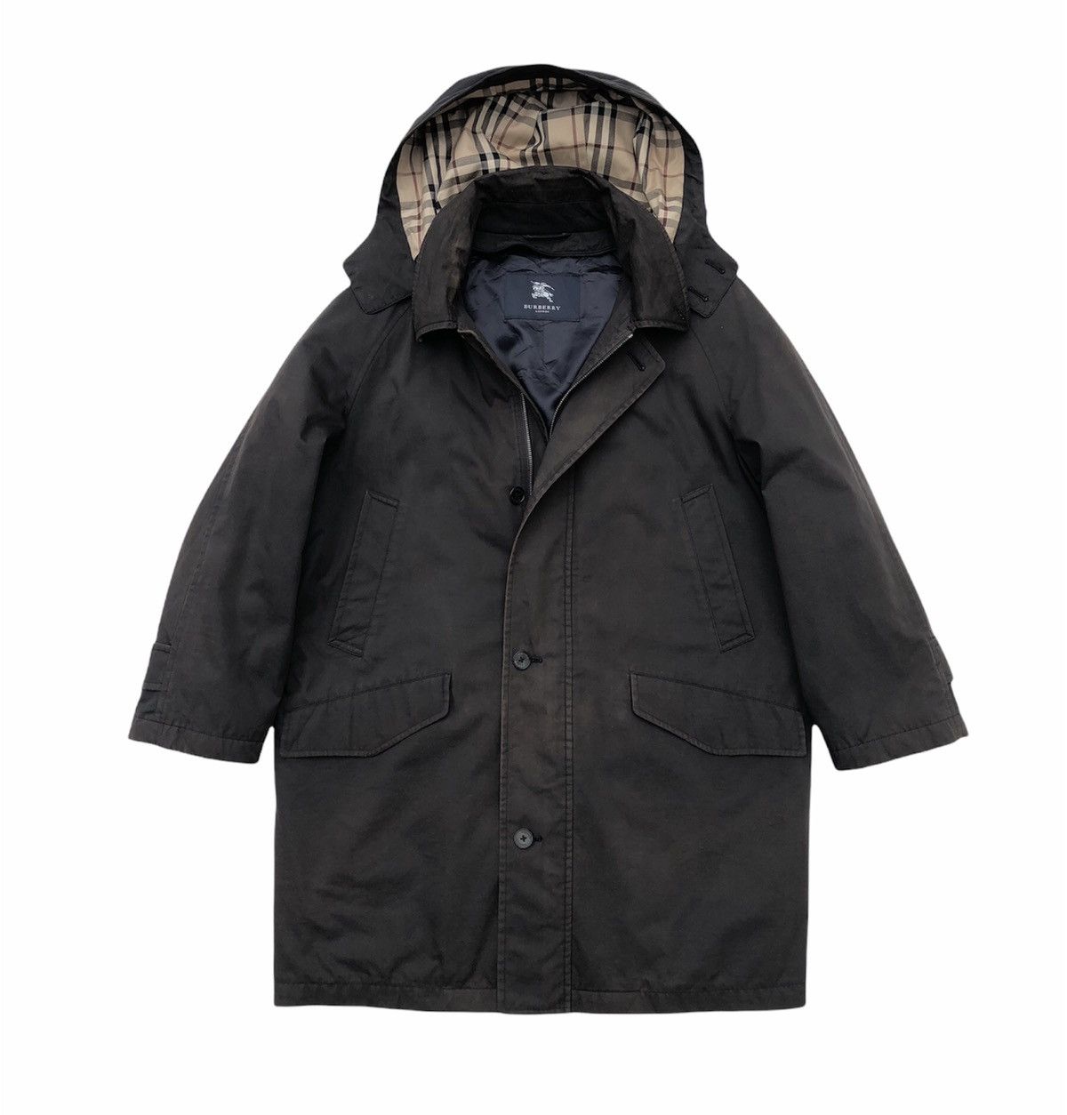 image of Vintage Burberry London Parka Hooded Faded Jacket in Black, Men's (Size Medium)