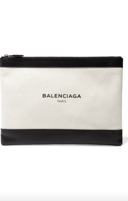 BALENCIAGA CANVAS AND BLACK LEATHER ZIP POUCH CLUTCH