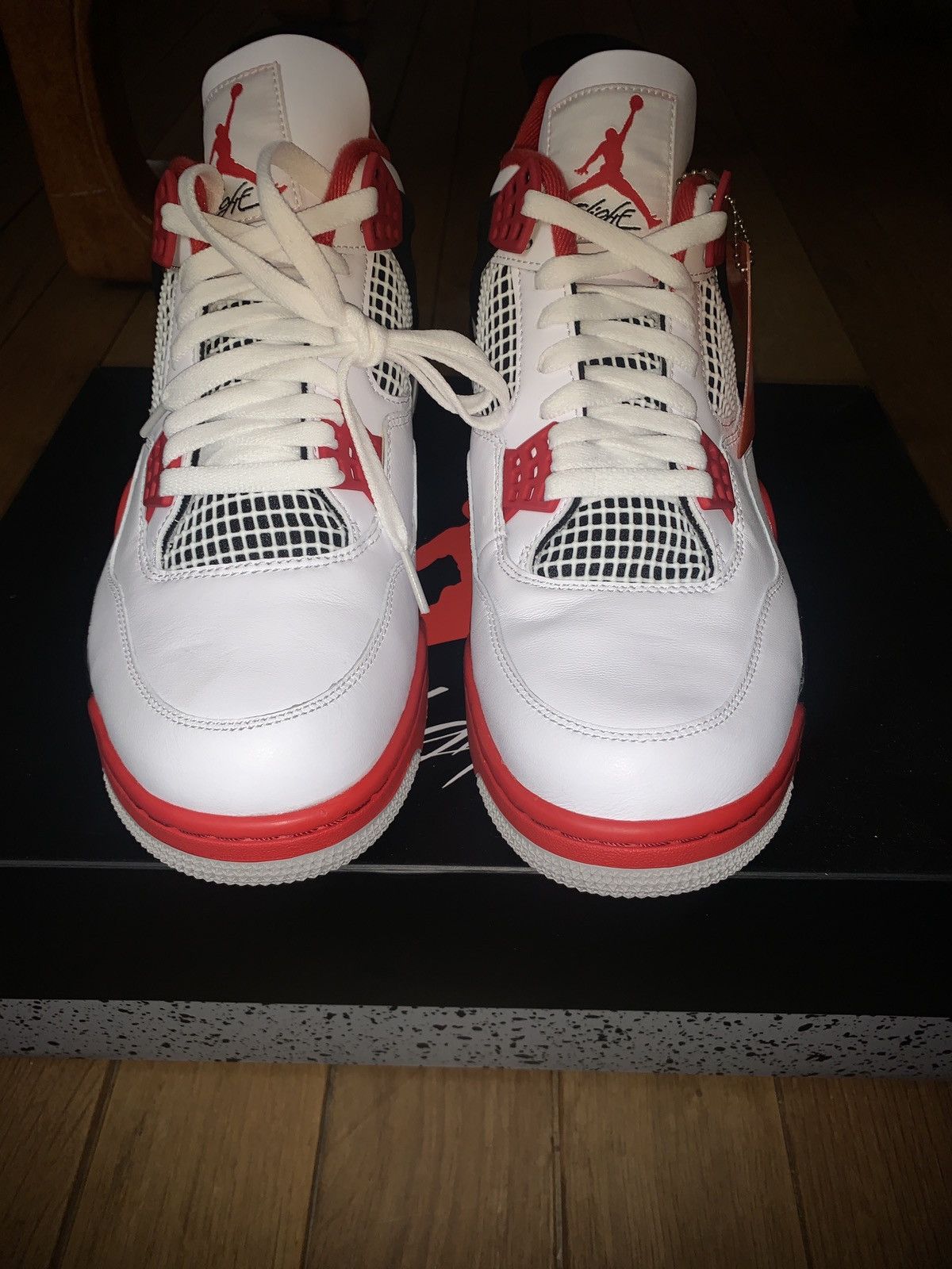 Jordan Brand × Nike Air Jordan 4 Retro White/Fire Red-Black-tech Grey Blanc/Noir Size US 11.5 / EU 44-45 - 7 Thumbnail