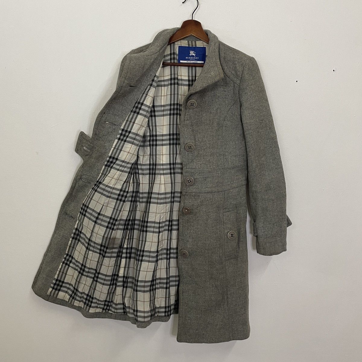 image of Vintage Burberry Blue Label Trench Coat Jacket in Grey, Men's (Size Small)