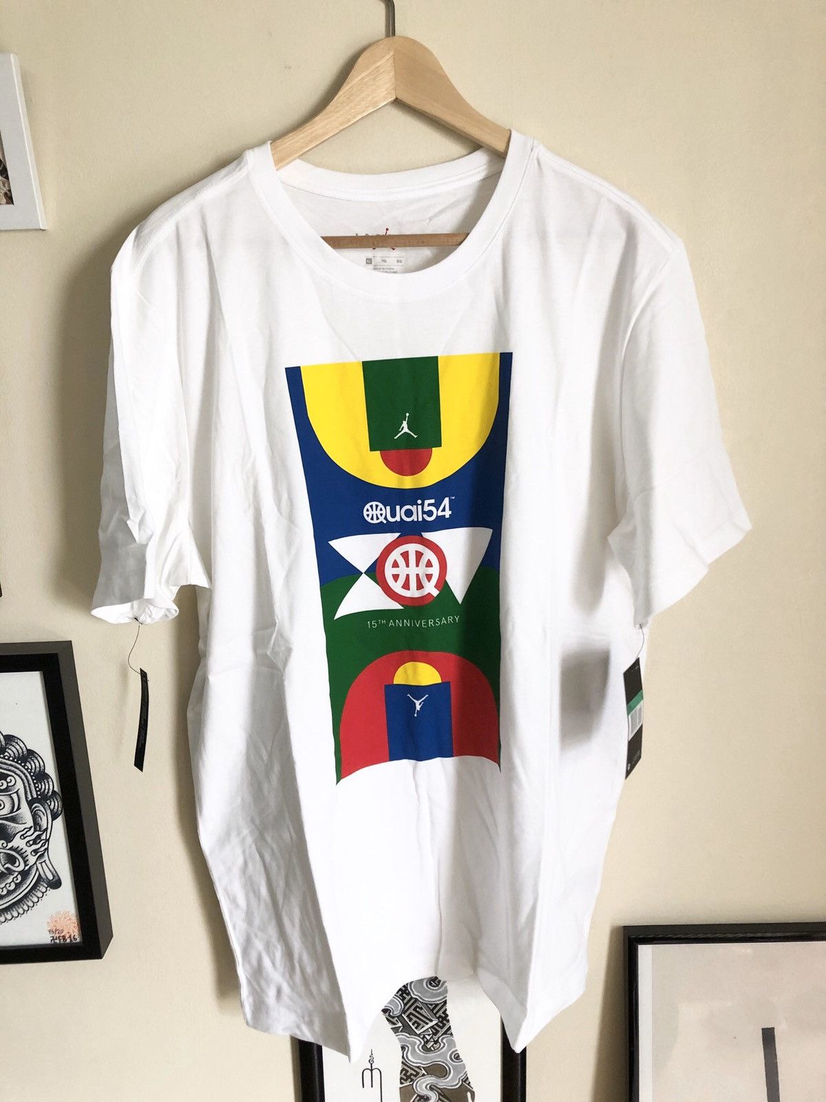 image of Jordan Brand Jumpman Quai 54 Paris Anniversary Basket T-Shirt in White, Men's (Size XL)