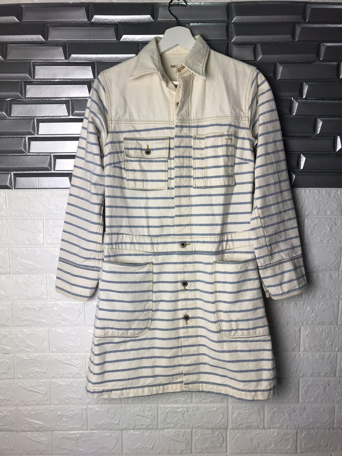 image of Kapital Striped Long Denim Coat Jacket in White, Women's (Size XS)