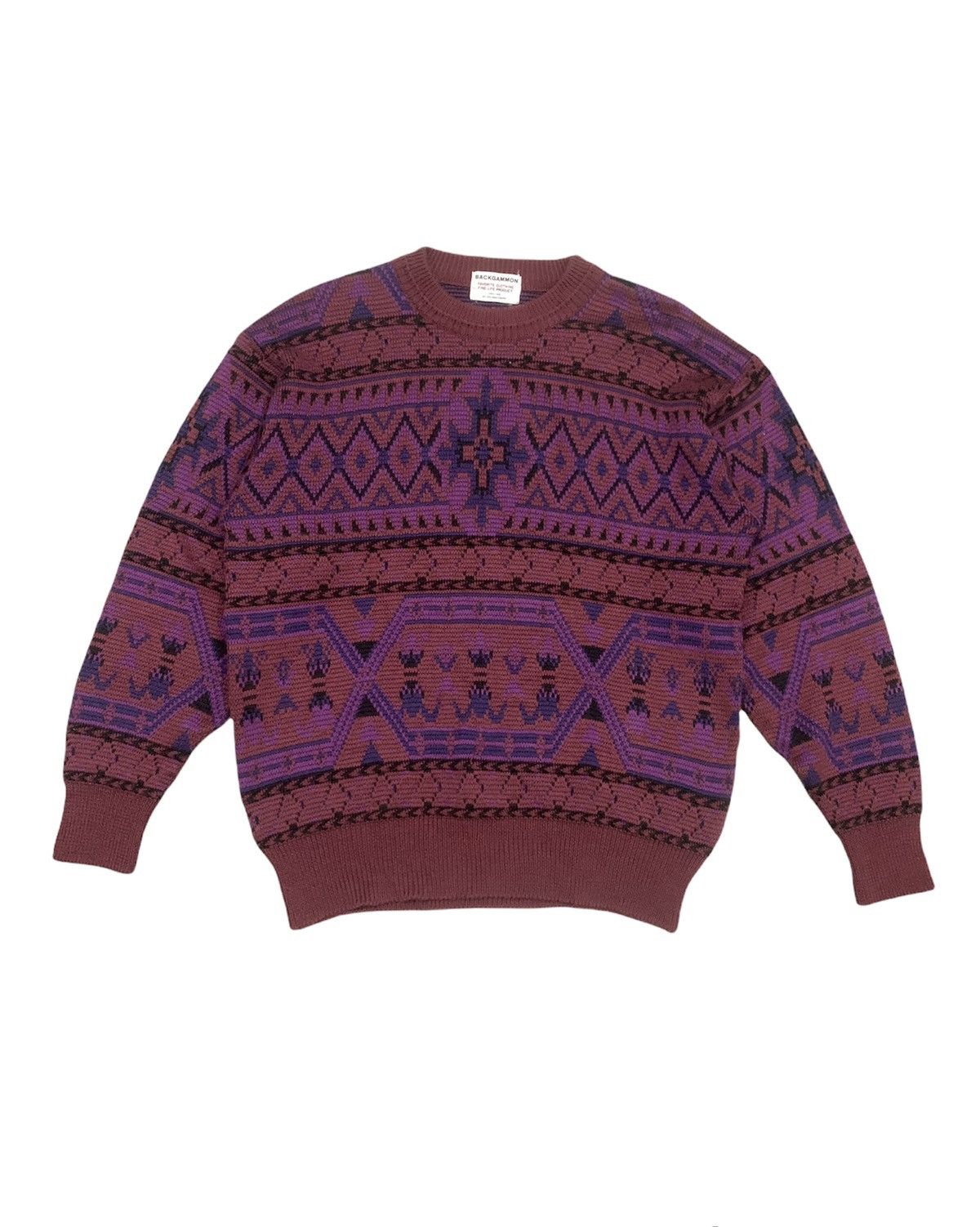 Aran Isles Knitwear × Designer BACKGAMMON 80s Navajo Intarsia Knit Pullover Jumper Sweater Size US M / EU 48-50 / 2 - 1 Thumbnail