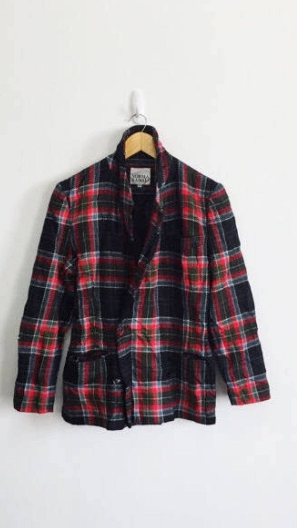 Designer NORMA KAMALI Wool Tartan Checked Jacket Coat Armpit 18"x27" Size 38S - 2 Thumbnail