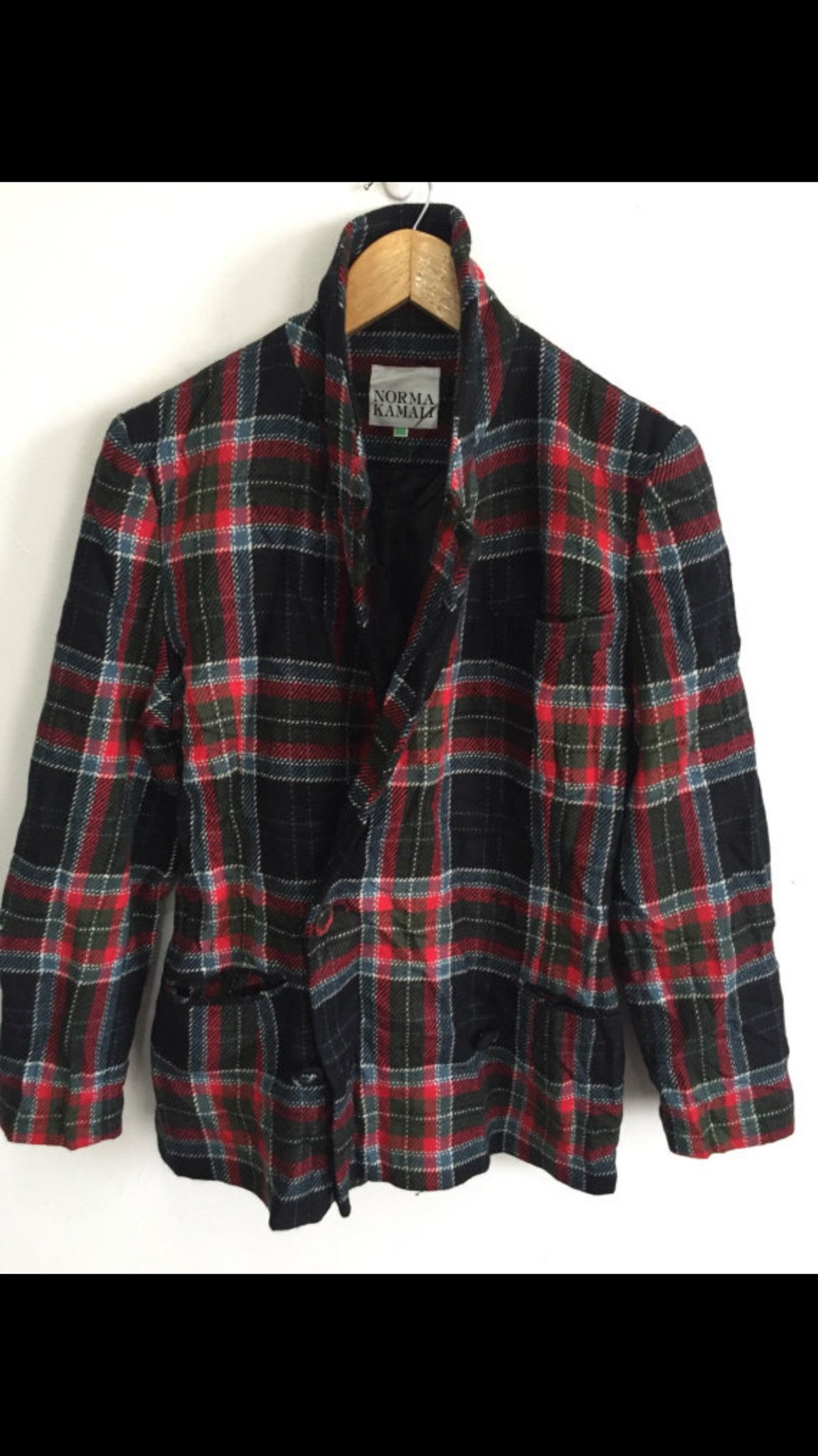 Designer NORMA KAMALI Wool Tartan Checked Jacket Coat Armpit 18"x27" Size 38S - 1 Thumbnail
