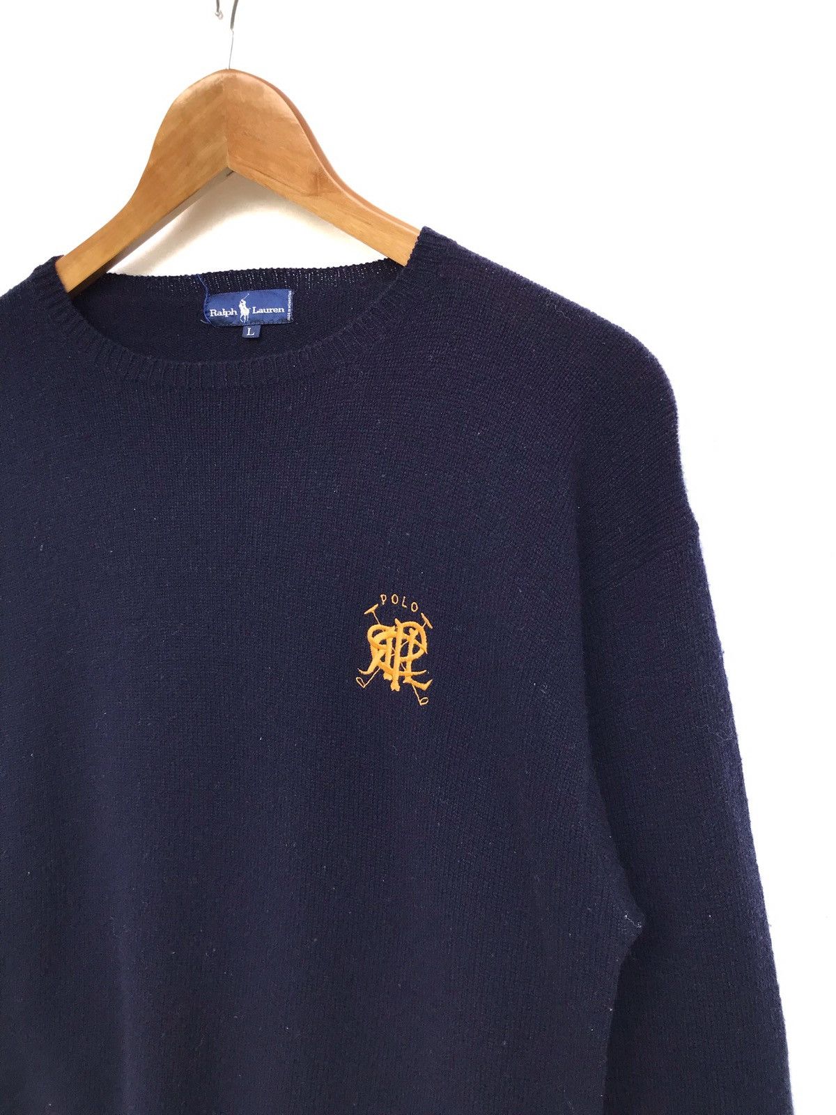 image of Polo Ralph Lauren Vintage Ralph Laurent Prl Logo Wool Knit Sweatshirt in Bark Blue (Size Large)